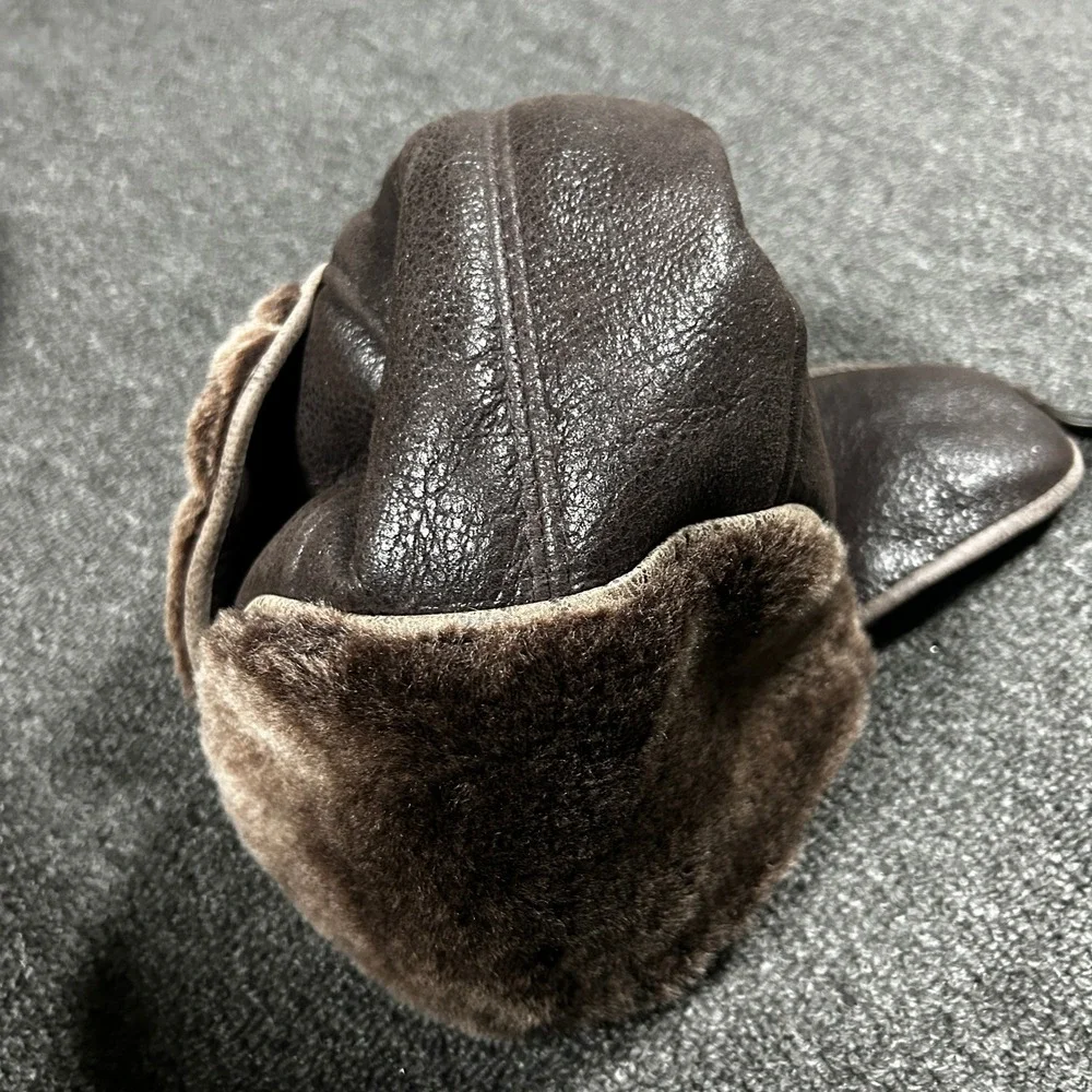 Zavelio Aviator Trapper Hat Mens XL Brown Genuine Leather Faux Fur Pilot Hat